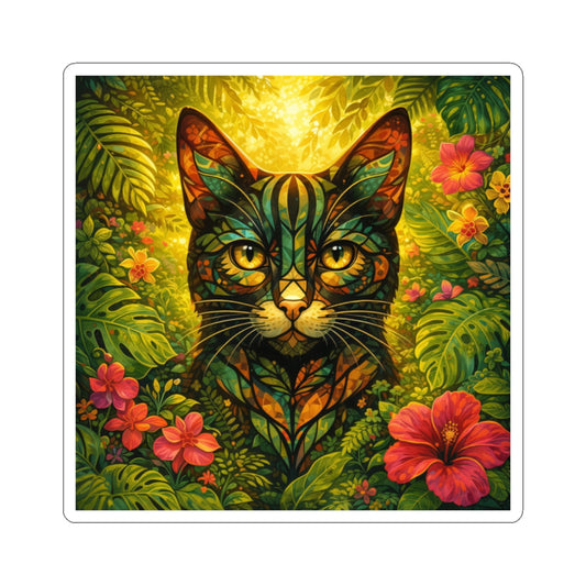 Tropical Cat Sticker — Colorful Botanical Kiss-Cut Decal for Laptops & Water Bottles
