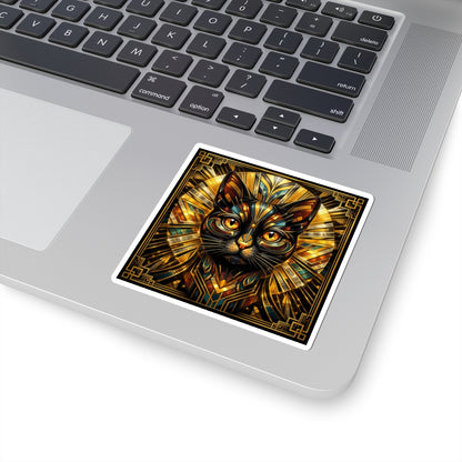 Art Deco Cat Kiss-Cut Sticker — Metallic Gold Geometric Feline Laptop Decal