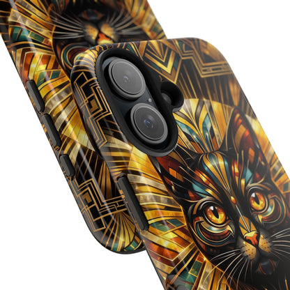 Art Deco Cat Tough Phone Case — Golden Geometric Protective Cover