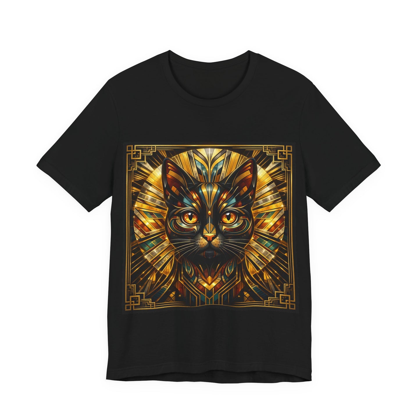 Art Deco Cat T-Shirt — Golden Geometric Cat Face Tee