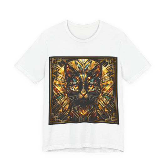 White T-shirt with framed art deco cat face graphic in gold and blue tones