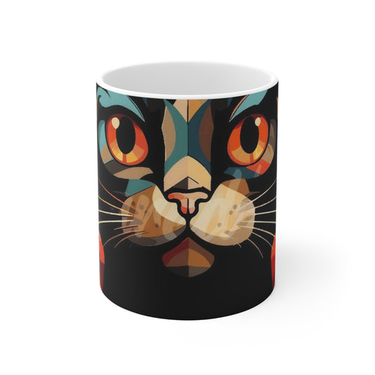 Ceramic cat-face mug with geometric pop-art pattern, multicolor orange, teal and black