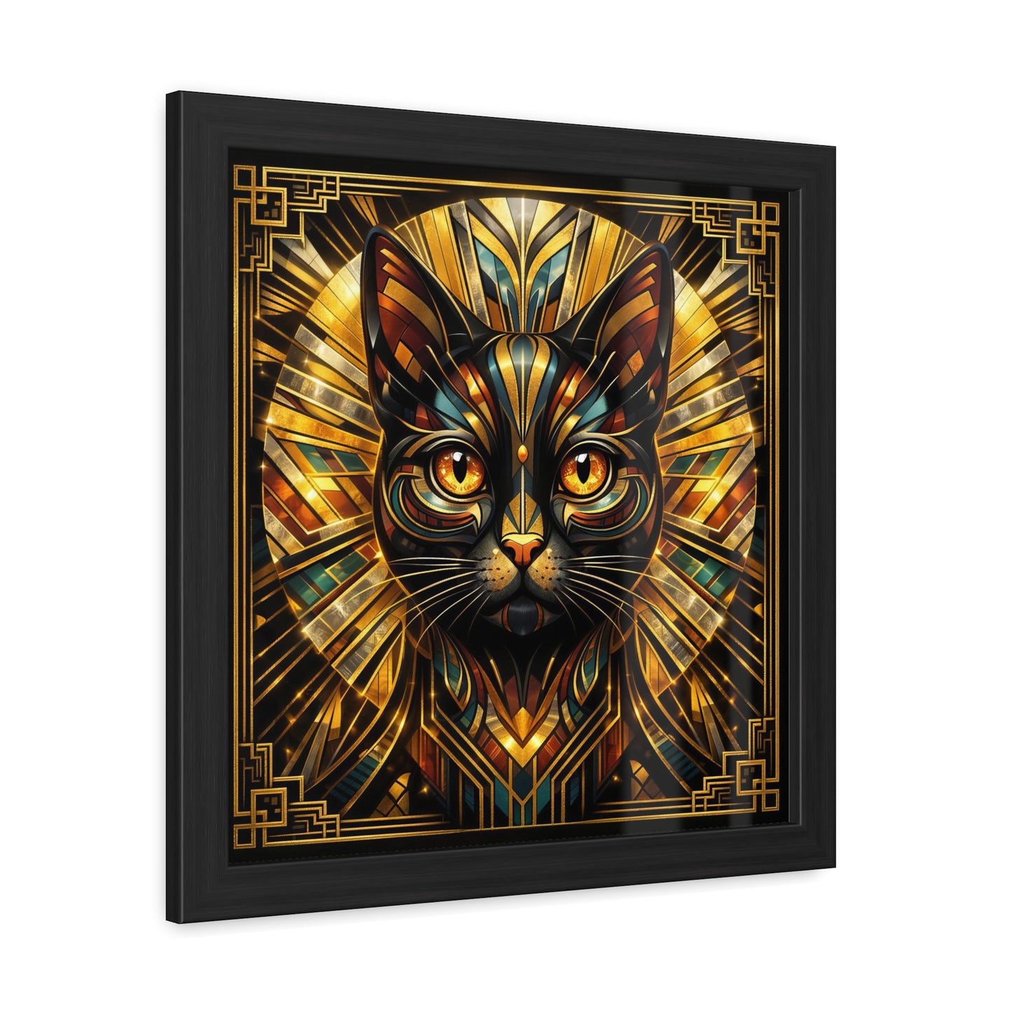 Art Deco Cat Framed Poster — Golden Stained-Glass Feline Wall Art