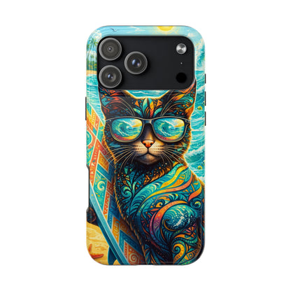 Tropical Surf Cat Tough Phone Case — Colorful Sunglasses Cat Slim Protective Cover