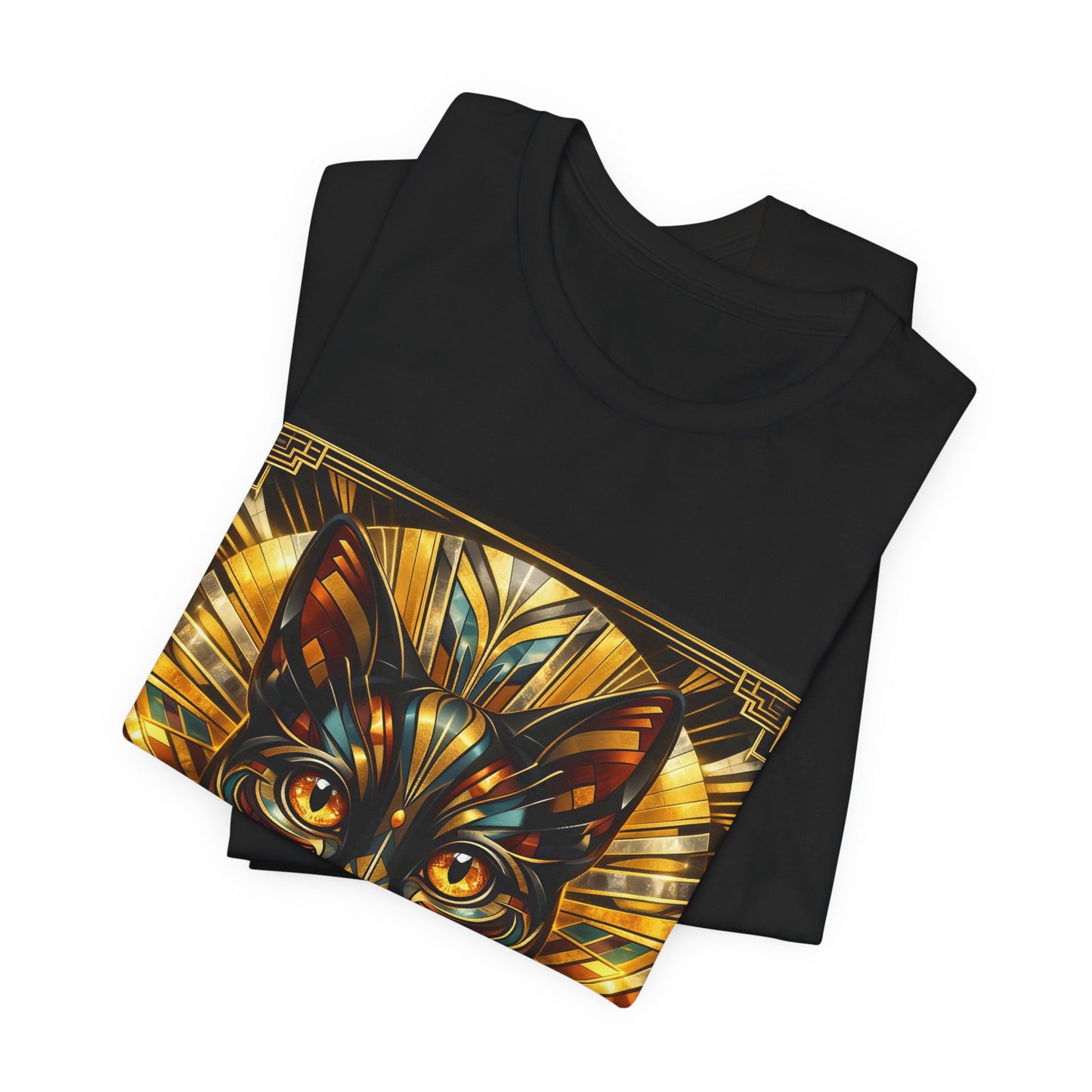 Art Deco Cat T-Shirt — Golden Geometric Cat Face Tee