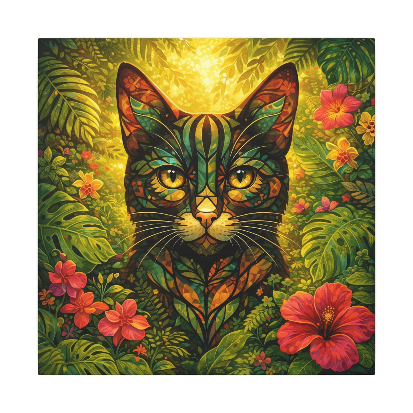 Tropical Cat Canvas Wall Art — Colorful Botanical Cat Portrait on Matte Stretched Canvas