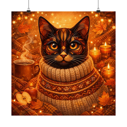 Autumn Cozy Cat Poster — Matte Vertical Fall Wall Art