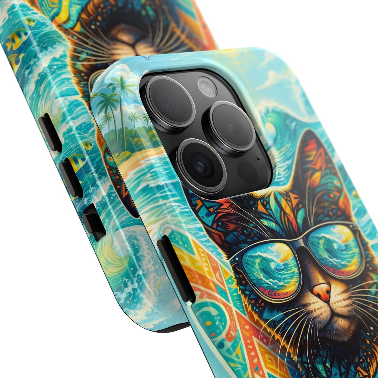 Tropical Surf Cat Tough Phone Case — Colorful Sunglasses Cat Slim Protective Cover