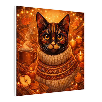 Autumn Cozy Cat Canvas - Warm Fall Cat Portrait with Sweater, Candles & Coffee