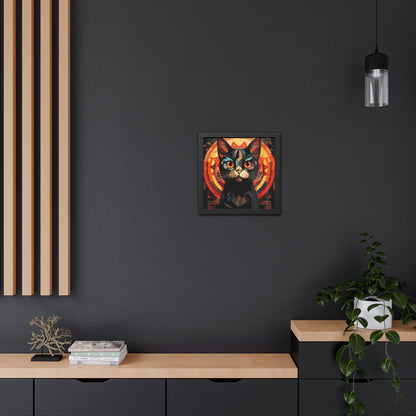 Framed Poster — Stylized Black Cat Art Print (Geometric Sun Halo)