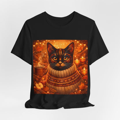 Cozy Cat in Sweater T-Shirt — Autumn Cozy Kitty Graphic Tee