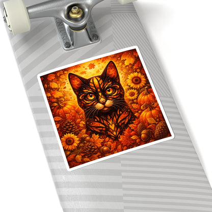 Autumn Cat Kiss-Cut Sticker — Pumpkin, Sunflower & Fall Leaves Design
