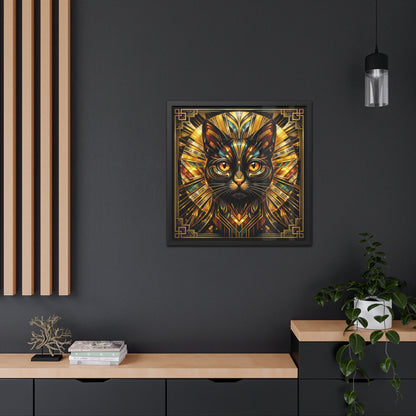 Art Deco Cat Framed Poster — Golden Stained-Glass Feline Wall Art