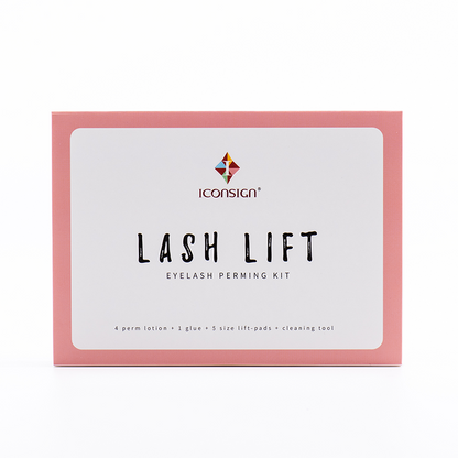 Lash lift kit eyelash perming kit box, pink and white with product branding