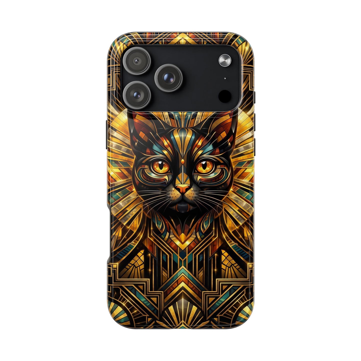 Art Deco Cat Tough Phone Case — Golden Geometric Protective Cover
