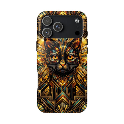 Art Deco Cat Tough Phone Case — Golden Geometric Protective Cover
