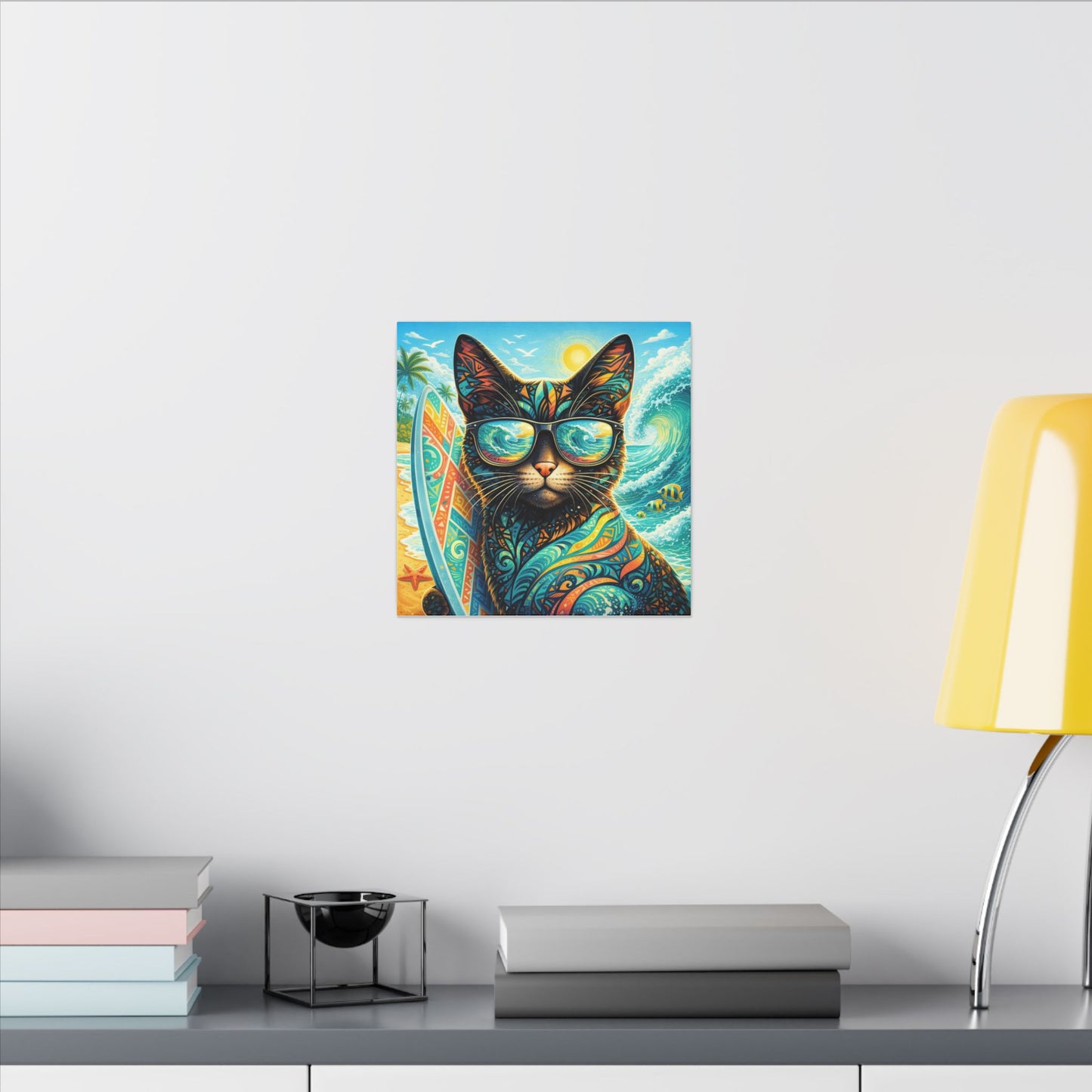 Surf Cat Canvas Wall Art — Colorful Tropical Cat with Sunglasses