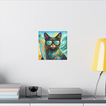 Surf Cat Canvas Wall Art — Colorful Tropical Cat with Sunglasses