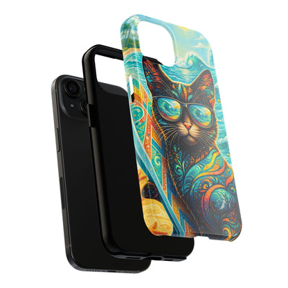 Tropical Surf Cat Tough Phone Case — Colorful Sunglasses Cat Slim Protective Cover