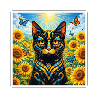 Sunflower Cat Sticker — Vibrant Floral Cat Sticker with Butterflies