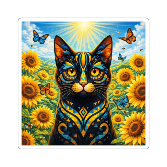 Rounded-corner cat sticker with a sunflower field, butterflies, and blue geometric art