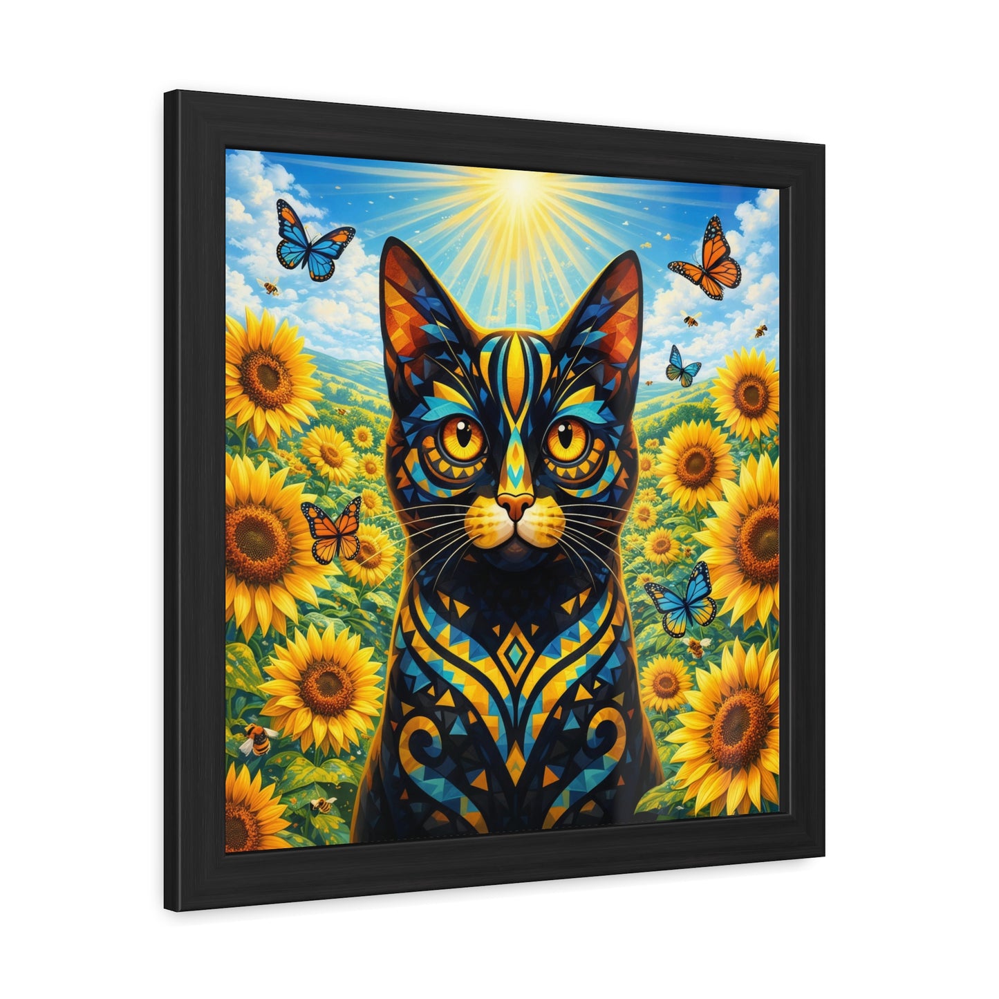 Sunflower Cat Framed Poster — Vibrant Stained-Glass Cat Art Print