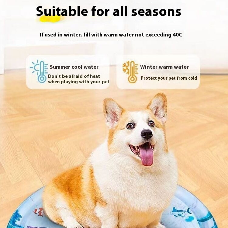 Inflatable round pet cooling water mat with ocean animal print, with dog sitting on it