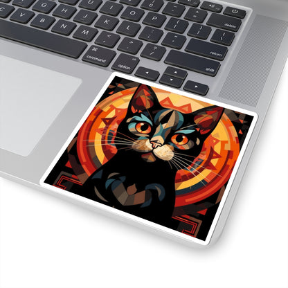 Mystic Black Cat Sticker — Retro Geometric Kiss-Cut Decal