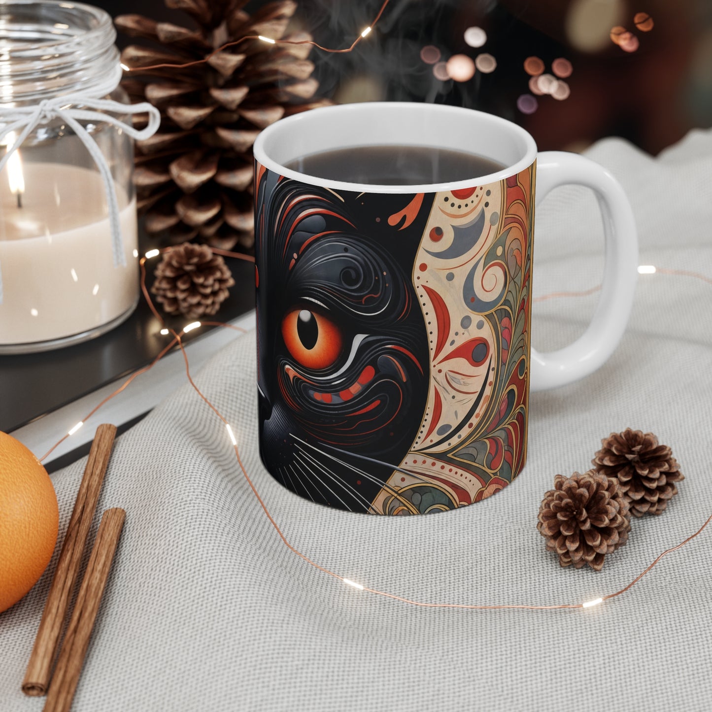 Black Cat Art Mug — Mystical Orange-Eyed Cat 11oz Ceramic Coffee Cup
