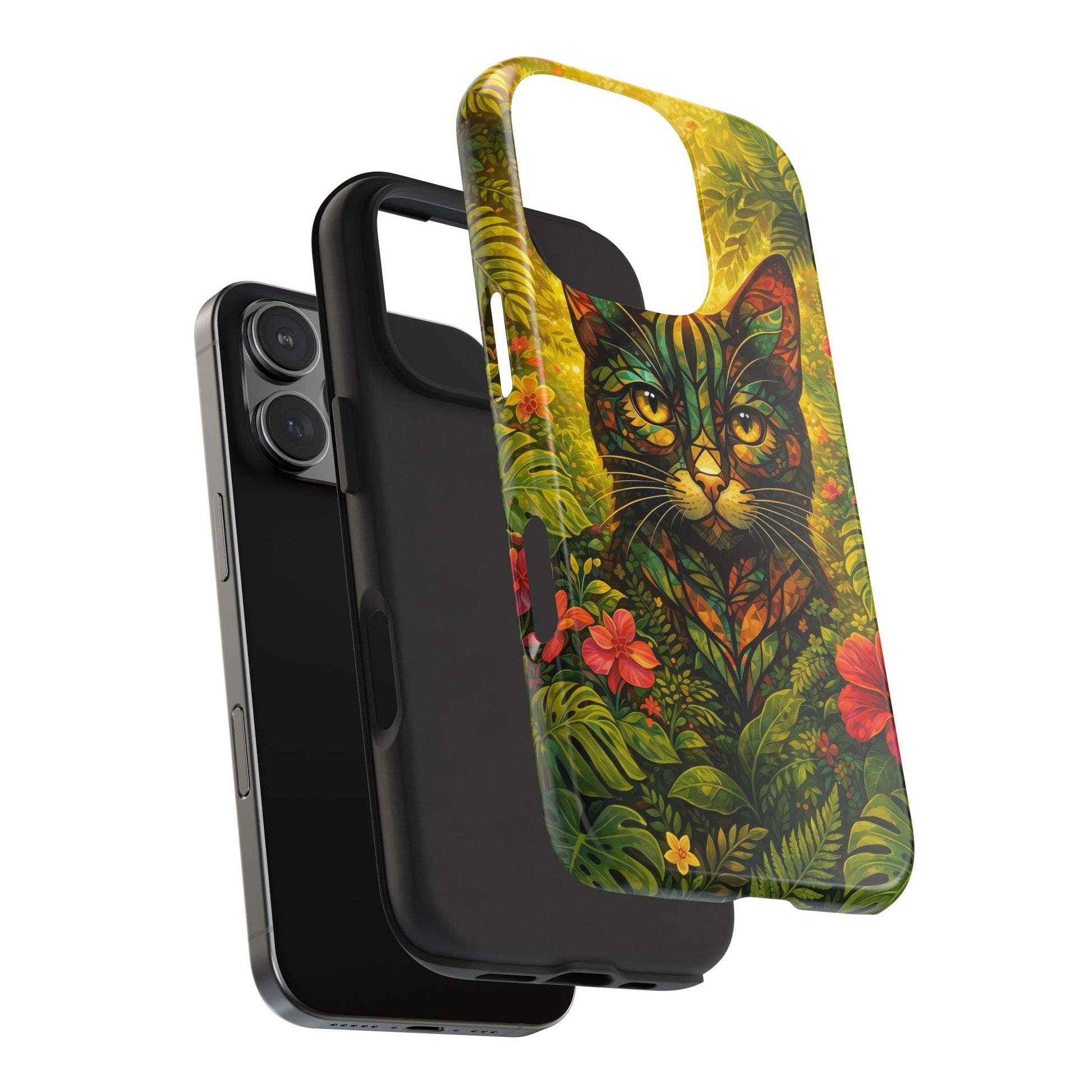 Tough phone case with jungle cat artwork and raised edge camera opening on back