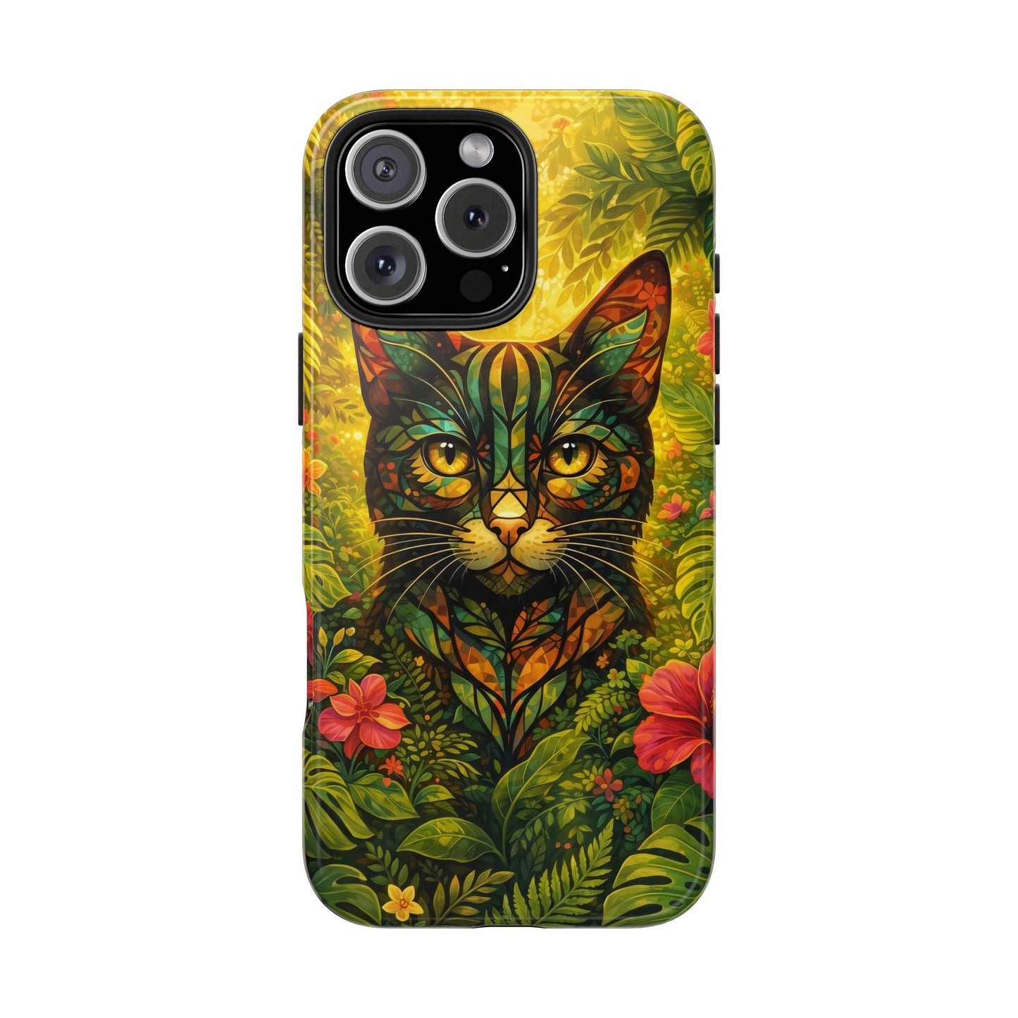 Tough phone case with jungle cat illustration and layered tropical flowers