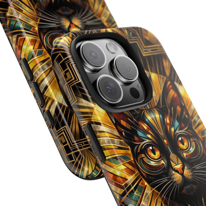Art Deco Cat Tough Phone Case — Golden Geometric Protective Cover
