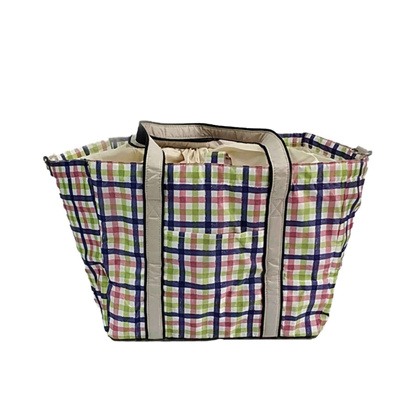 Insulated cooler tote bag in colorful plaid with zippered front pocket and front panel seams