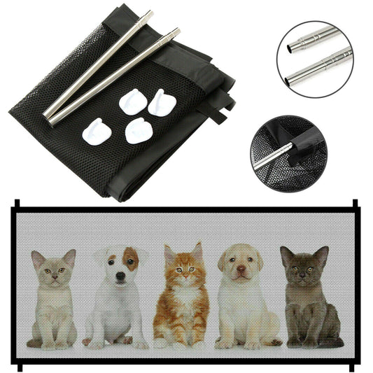 Portable pet safety gate with black mesh panel, foldable frame and rods