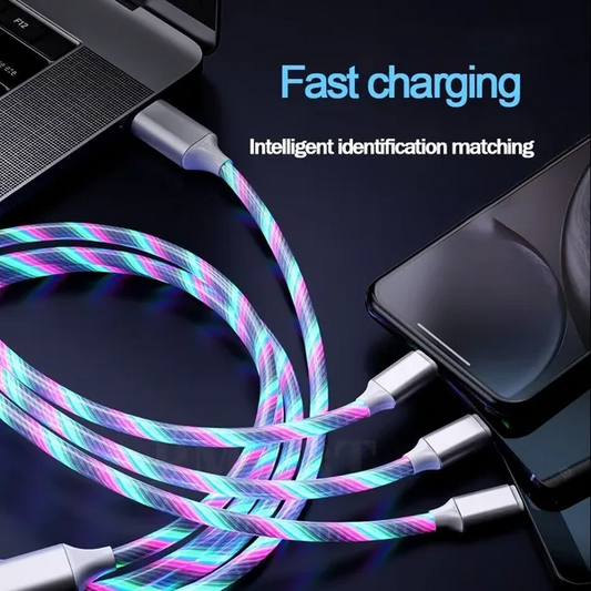 3-in-1 fast charging cable with braided multicolor cord and three charging plugs