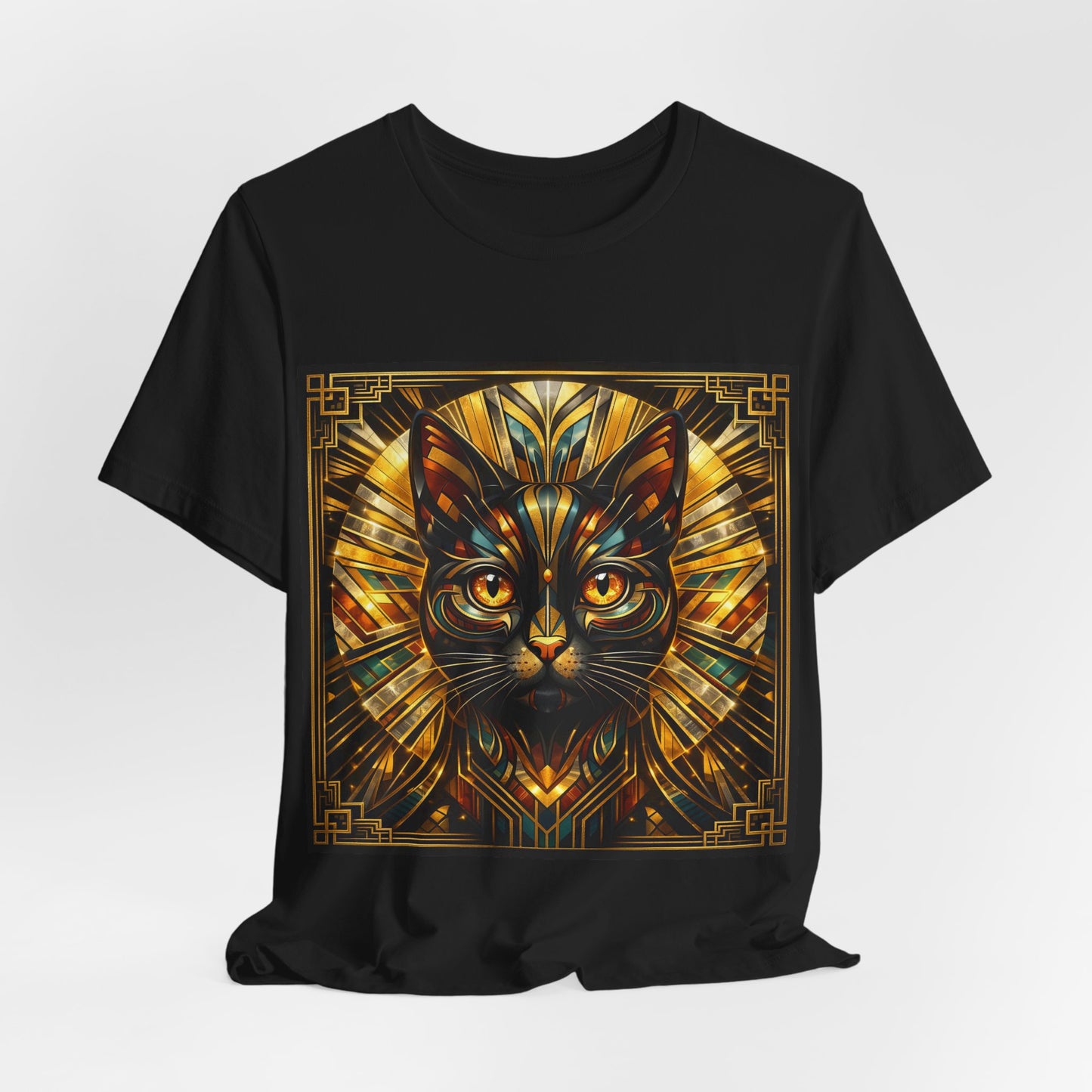 Art Deco Cat T-Shirt — Golden Geometric Cat Face Tee