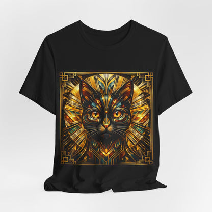 Art Deco Cat T-Shirt — Golden Geometric Cat Face Tee