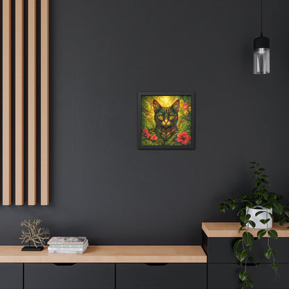 Small framed cat tropical botanical print with red flowers and green foliage