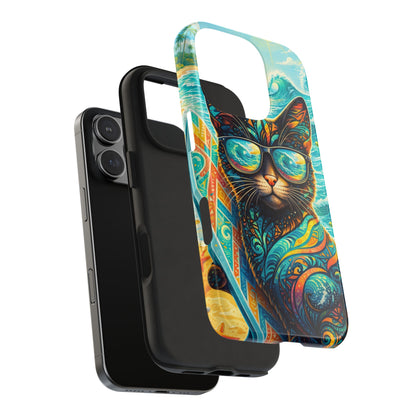 Tropical Surf Cat Tough Phone Case — Colorful Sunglasses Cat Slim Protective Cover