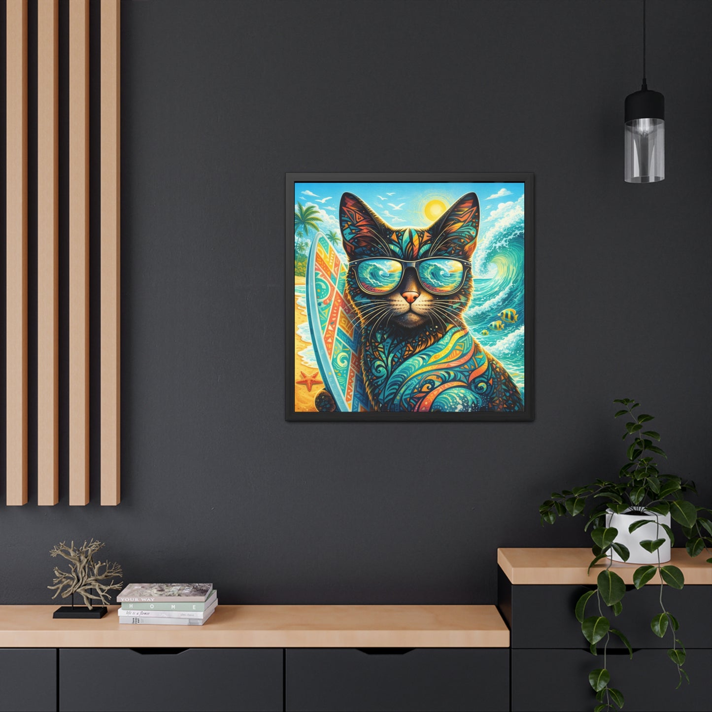 Surfing Cat Framed Poster — Colorful Tropical Cat with Sunglasses Art