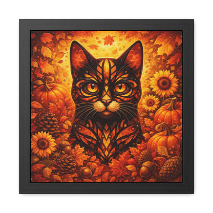 Autumn Cat Framed Poster — Halloween Pumpkin & Sunflower Wall Art