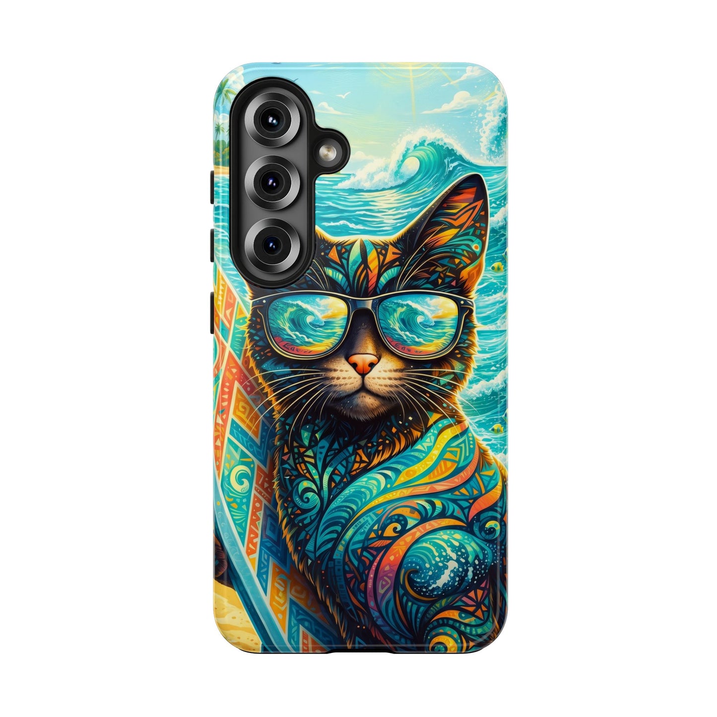 Tropical Surf Cat Tough Phone Case — Colorful Sunglasses Cat Slim Protective Cover