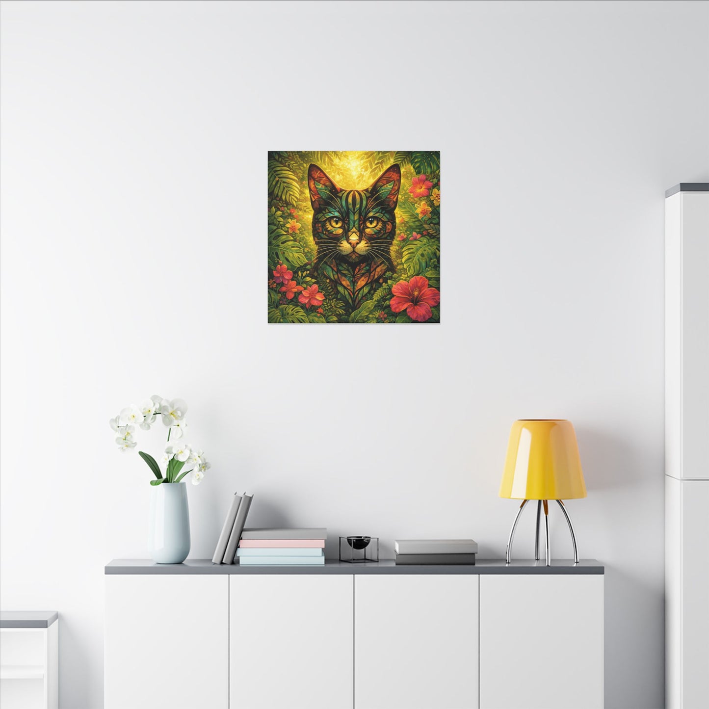 Tropical Cat Canvas Wall Art — Colorful Botanical Cat Portrait on Matte Stretched Canvas