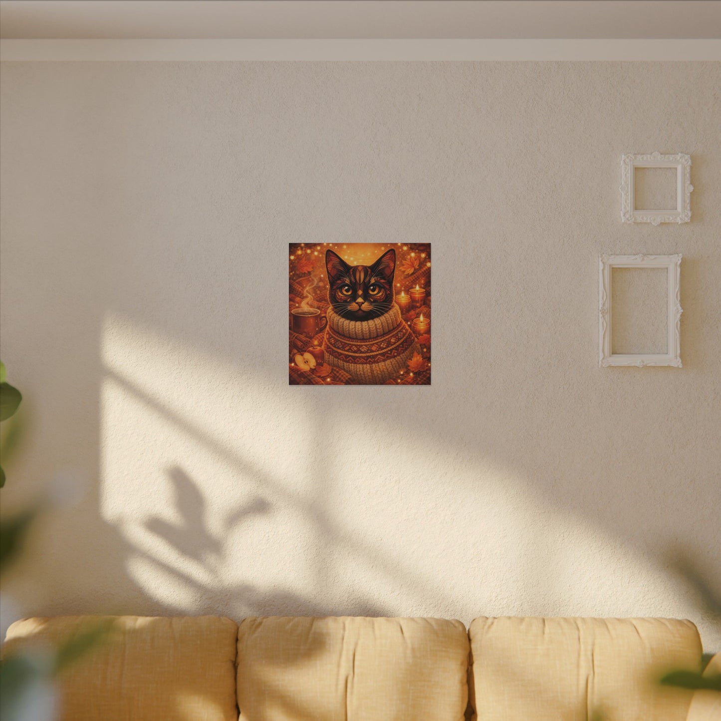 Autumn Cozy Cat Canvas - Warm Fall Cat Portrait with Sweater, Candles & Coffee