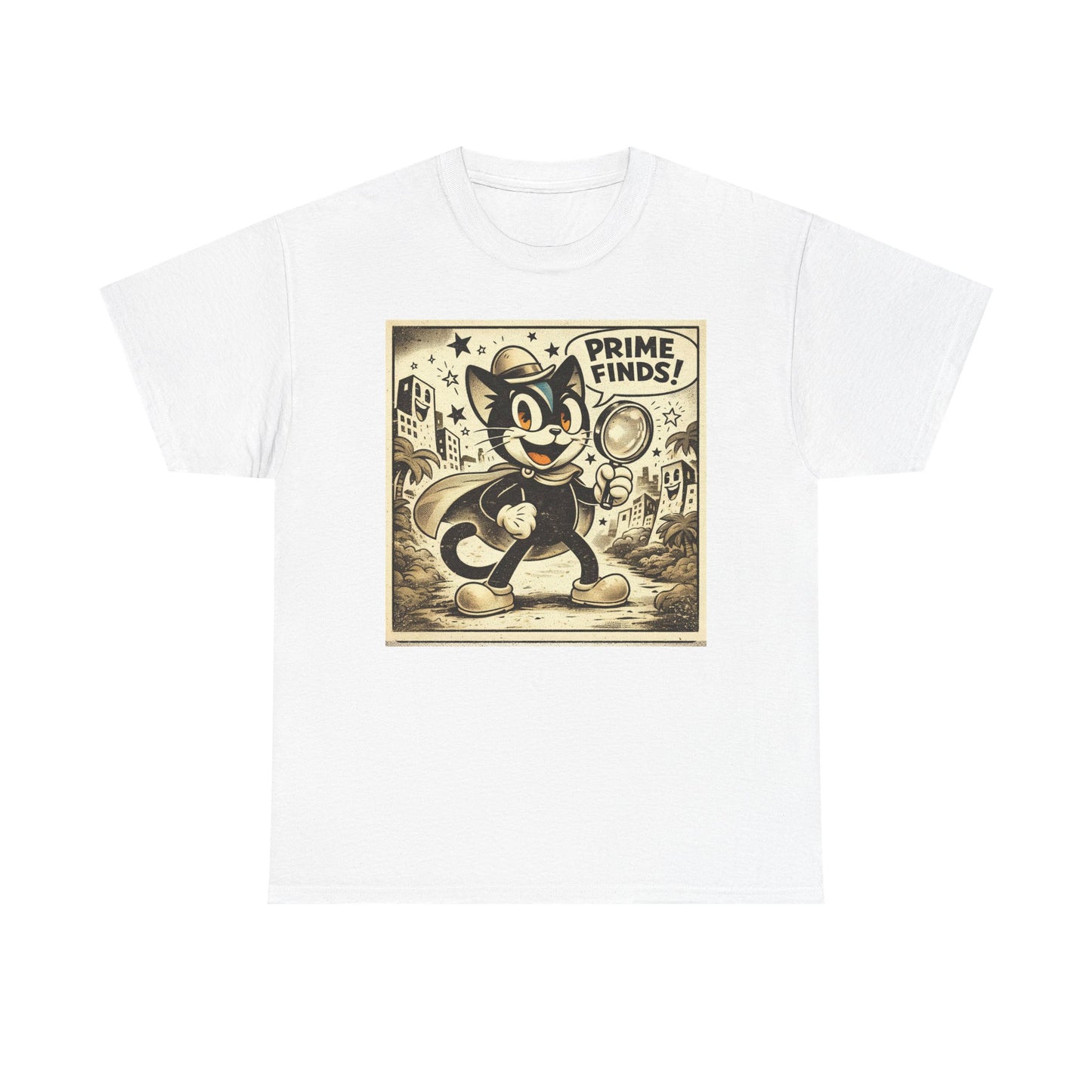 Retro Detective Cat T-Shirt — "Prime Finds!" Vintage Cartoon Tee
