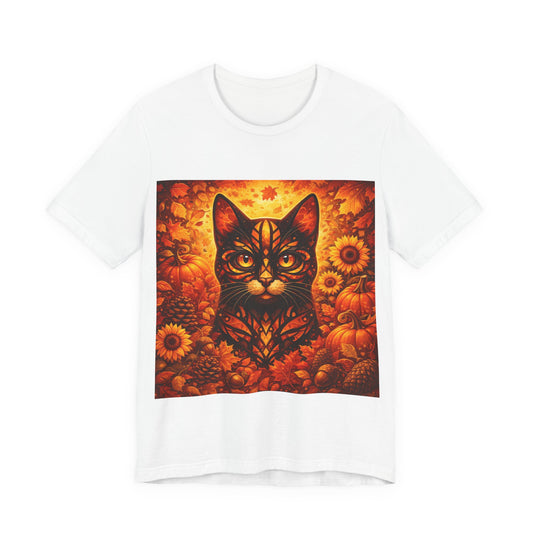 White crew-neck T-shirt with square autumn cat graphic surrounded by sunflowers