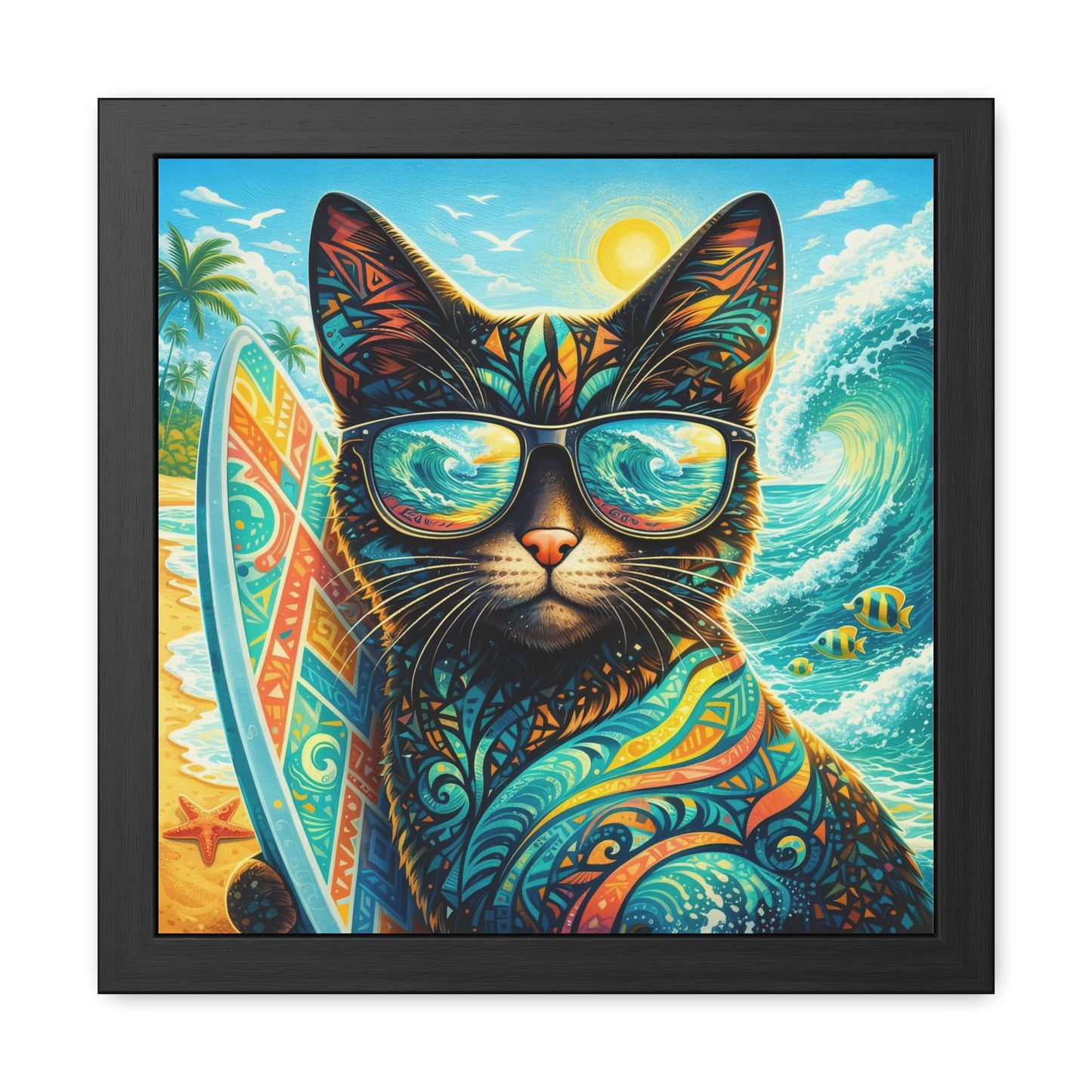 Surfing Cat Framed Poster — Colorful Tropical Cat with Sunglasses Art
