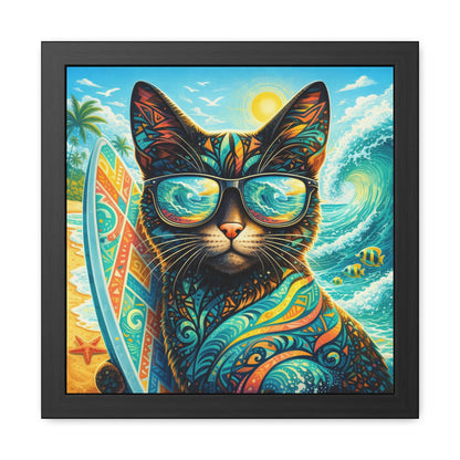 Surfing Cat Framed Poster — Colorful Tropical Cat with Sunglasses Art