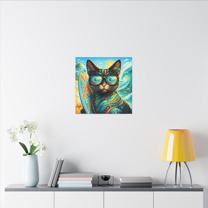 Surf Cat Canvas Wall Art — Colorful Tropical Cat with Sunglasses