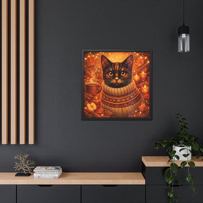 Autumn Cozy Cat Framed Poster — Sweater Cat Wall Art for Fall Decor